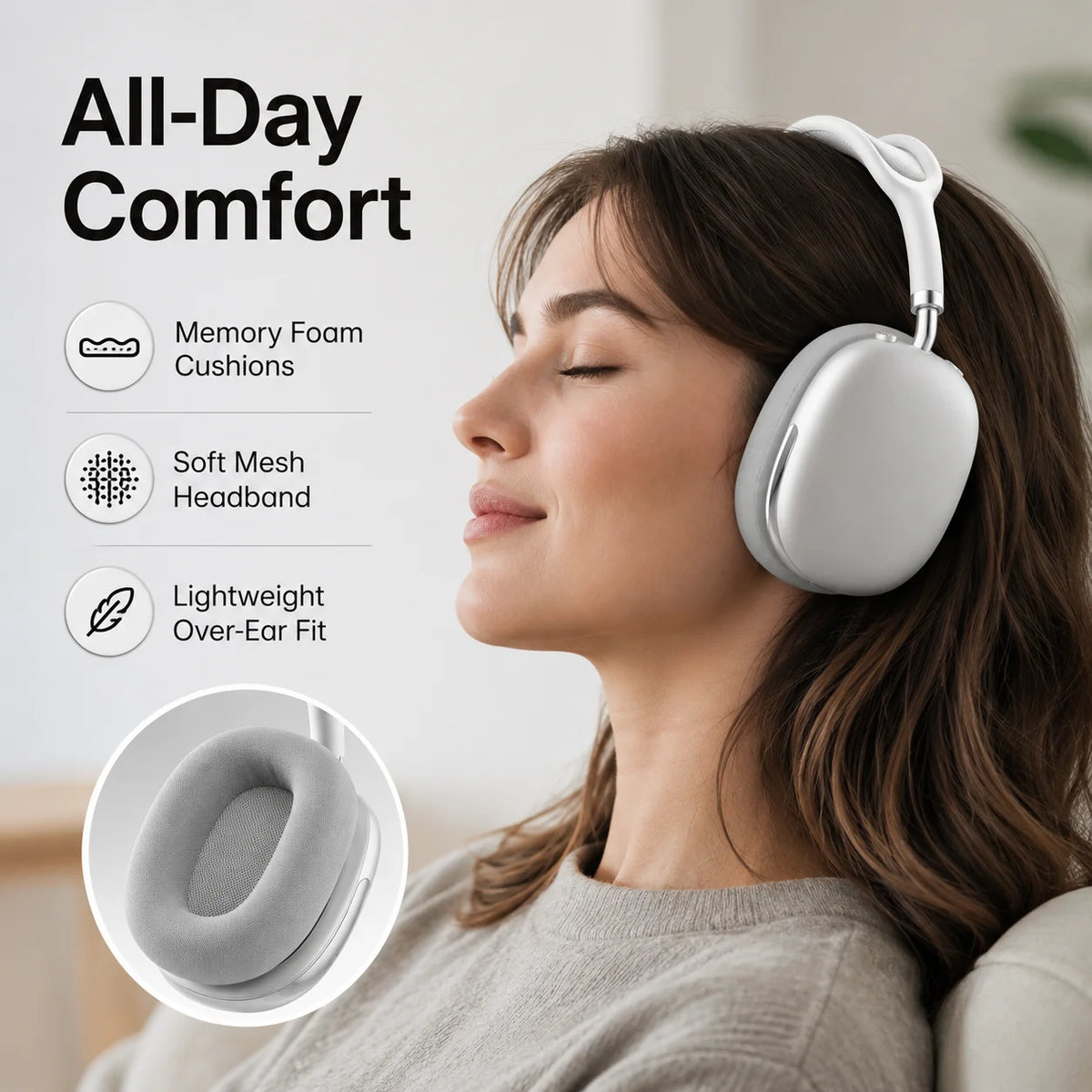 ANC Bluetooth Headphones Wireless Earphones Over Ear 43dB Noise Cancelling HiFi Stereo 50H Playtime Bluetooth 5.4 AUX Cable