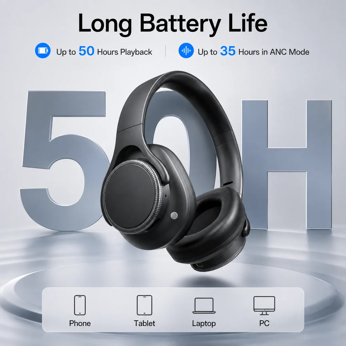 Wireless Headphones Bluetooth 6.0 ANC (Active Noise Cancelling) 40mm Drivers 50H Playtime Rotating Volume Dial Over-Ear Audio