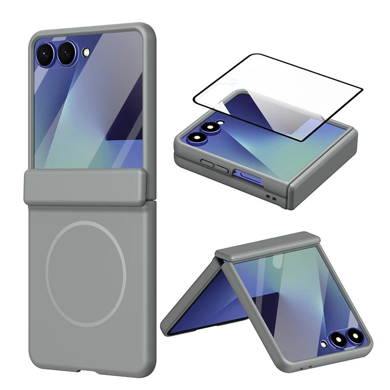 Hinge Protection Phone Case For Samsung Galaxy Z Flip 8 7 6 5 4 3 Magnetic Wireless Charging Case With Built-in Glass Film