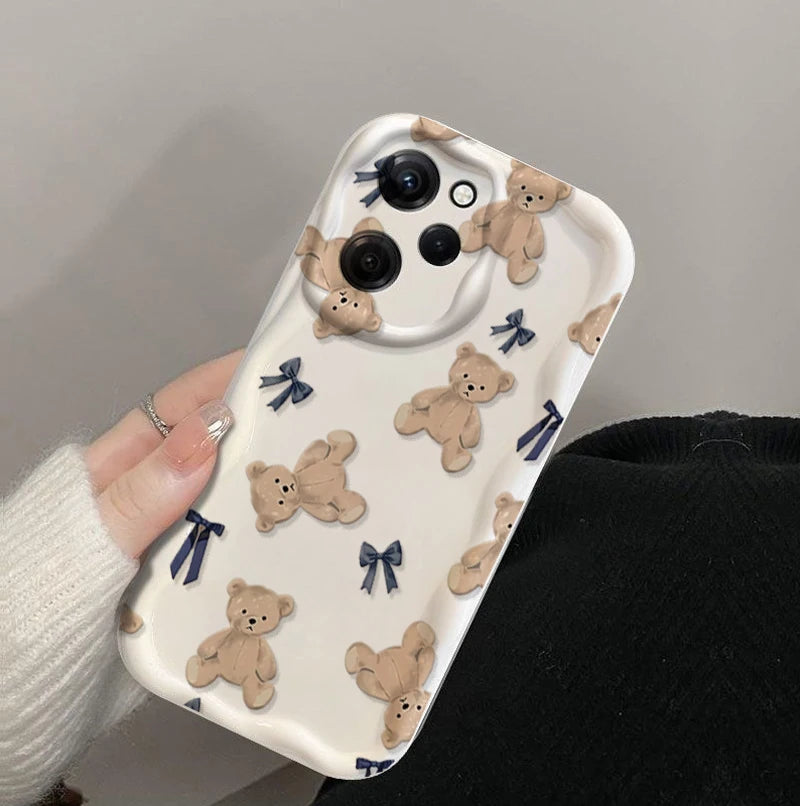 Cute Sweet Bow Bear Case For Samsung Galaxy S25 Ultra S22 S21 S20 Plus S21FE S20FE S25FE A31 Cartoon Silicone Wave Side Cover