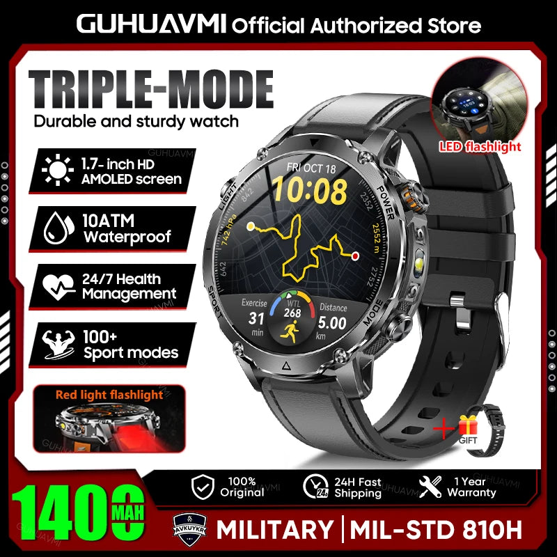 2026 New TANK Ultra 1400mAh Battery Military Smart Watch 10ATM Waterproof Heart Rate Tactical LED Flashlight Men Sports Bracelet