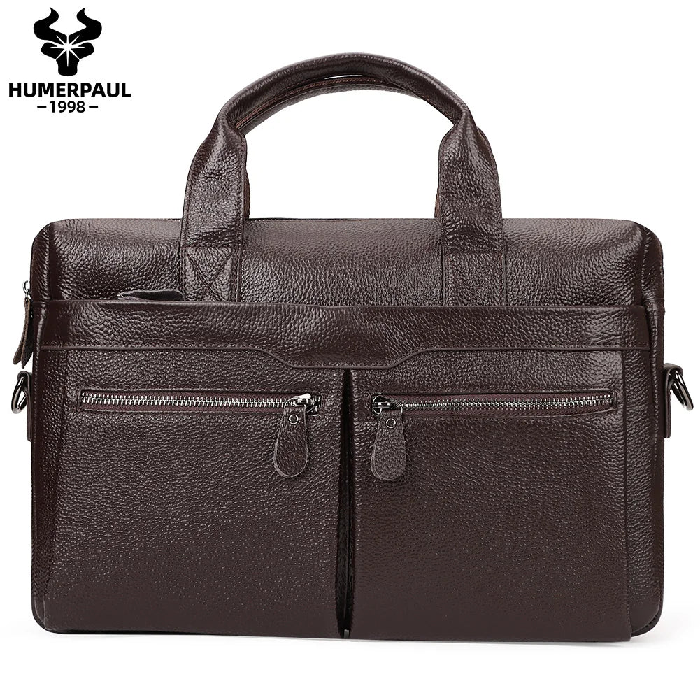 HUMERPAUL Men's Genuine Leather Briefcase Business Laptop Bag with Multiple Pockets Durable Handbag Shoulder Bags for Travel ﻿