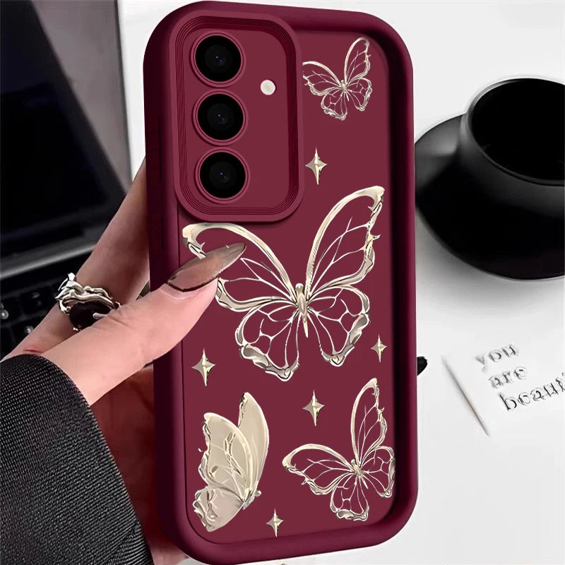 Gold Butterfly Print Case For Samsung Galaxy S26 S25 S23 Ultra S24 FE A57 A56 A17 A36 A26 A55 A16 A15 A35 A25 5G Soft TPU Cover