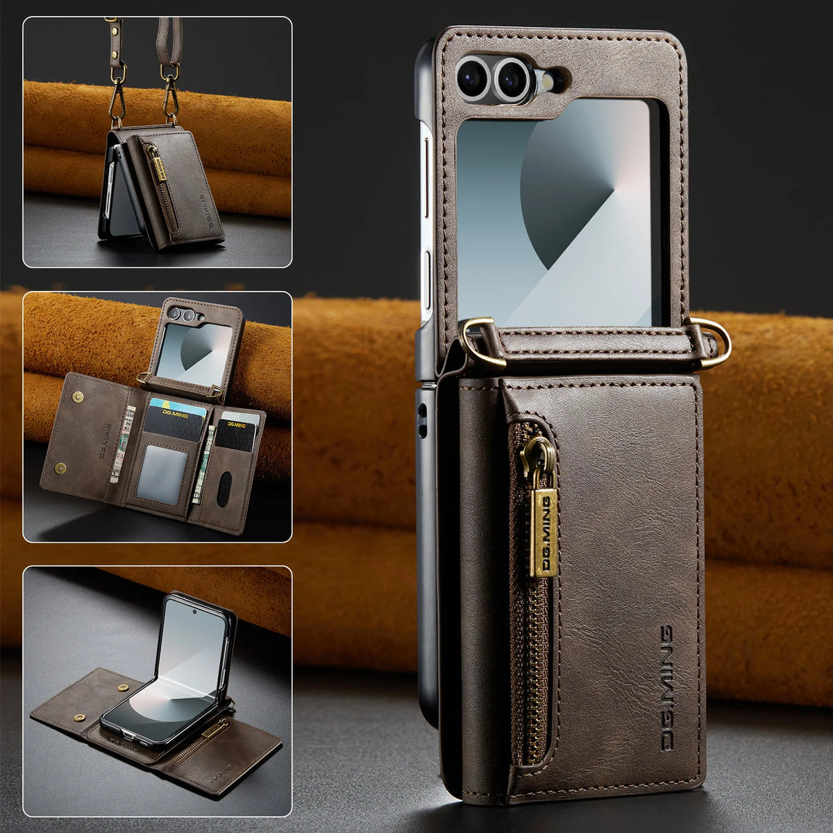 2 in 1 Luxury Leather Flip Phone Case For Samsung Galaxy Z Flip 8 7 6 5 4 3  Magnetic Wallet Card Solt Zipper Lanyard Cover ﻿