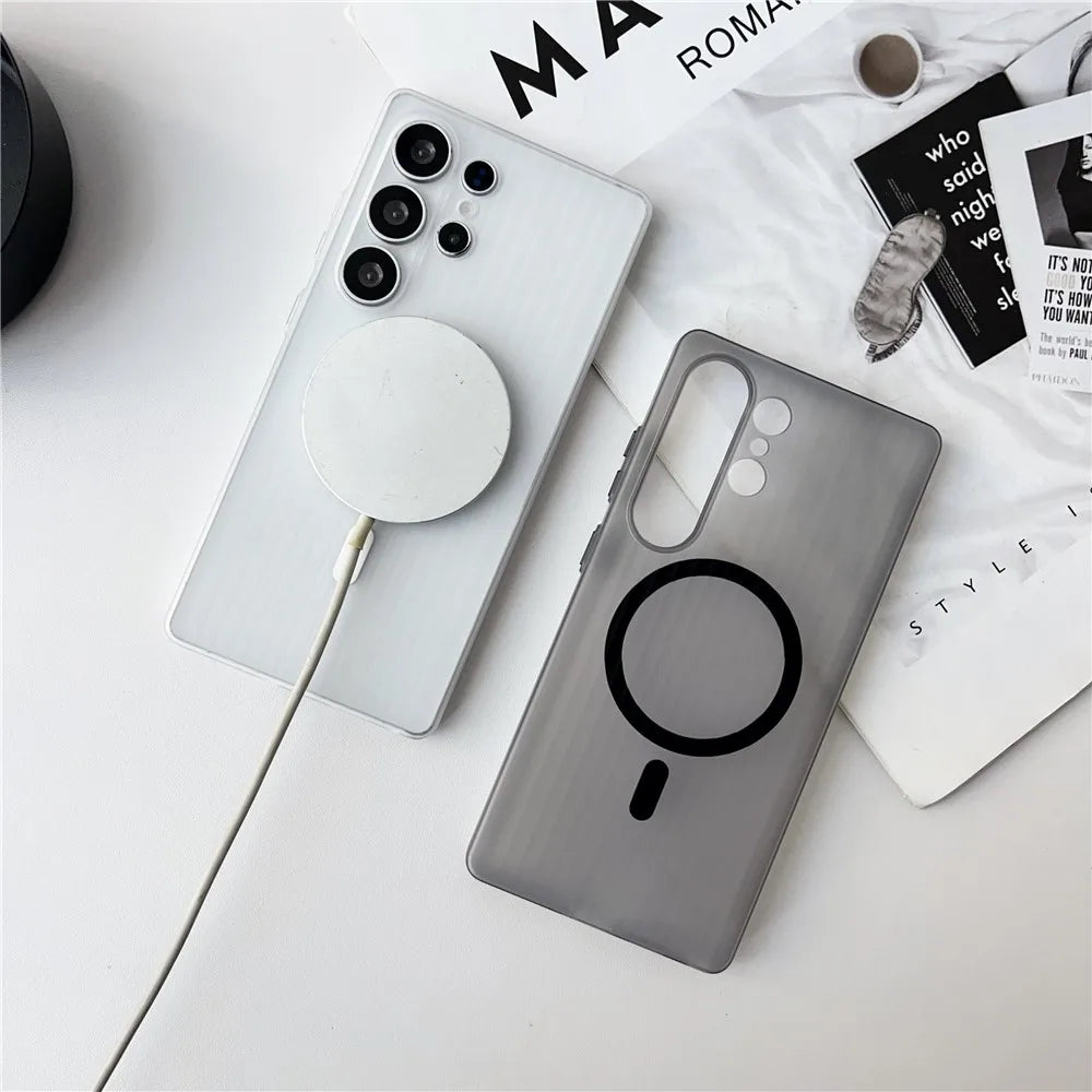 Matte Clear Corrugated Phone Case For Magsafe Samsung Galaxy S25 Ultra S24 S23 Plus Ultra Wireless Charging Magnetic Cover