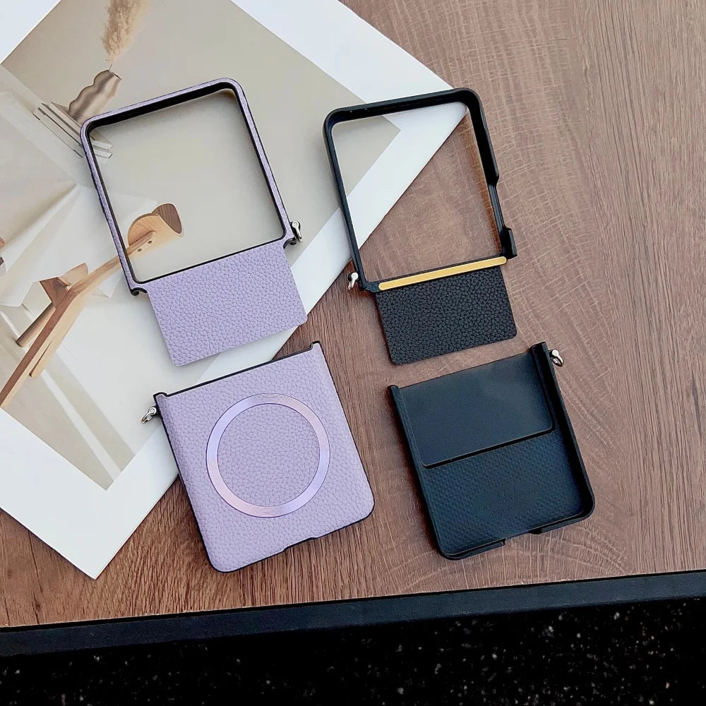 Original Lychee Pattern Leather for Magsafe Wireless Charging Case for Samsung Galaxy Z Flip 8 7 6 5 Strap Anti-drop Slim Cover
