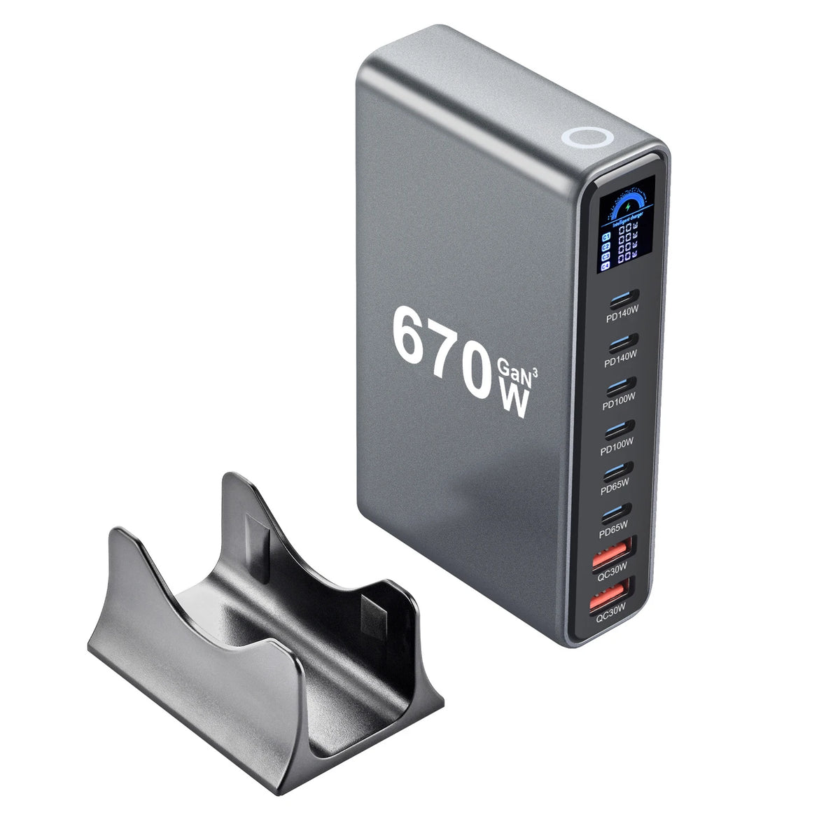 670W GaN Fast Charging Desktop Charger with Display 140W USB-C Port 8-Port Station for Phones And Tablets