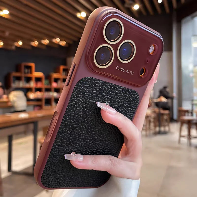 Luxury Litchi Leather Case for iPhone 17 16 15 14 Pro Max iPhone 13 Glass Large Window Shockproof Armor Bumper Plating Cover