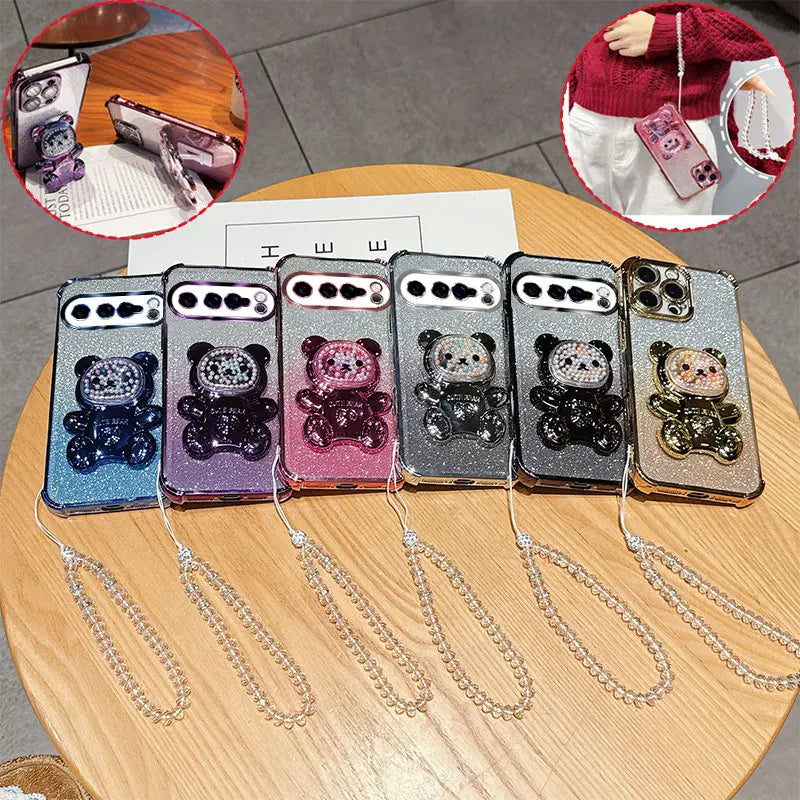 4 Corner Shockproof Phone Case with Cute 3D Bear Stand Crystal Chain Lanyard Glitter For Google Pixel 9 8 10 7 Pro XL Back Cover