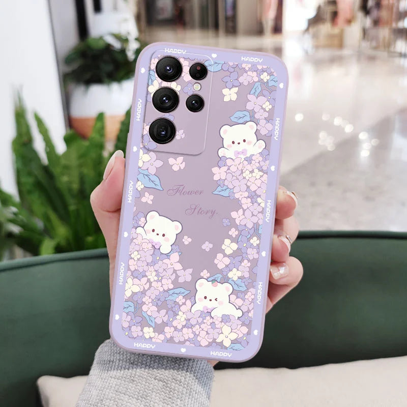 Flower Bush Bear Phone Case For Samsung Galaxy S25 FE S24 S23 S22 S21 S20 Ultra Plus FE S10 Note 20 Ultra 10 9 Plus Cover