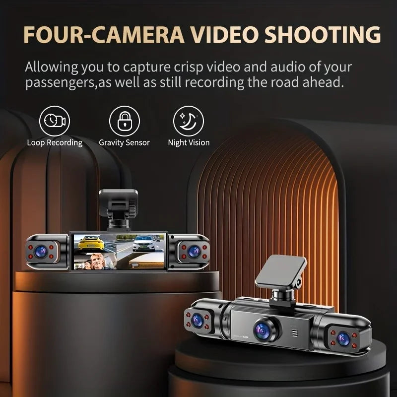 BCUOZ 4-Lens 360° Dashcam, 1080P Front + 720P Built-in Rear Left and Right car cameras, Super night vision, Loop recording, G-Sensor, WDR, 12-24V car plug power supply,Optional 64GB memory card.