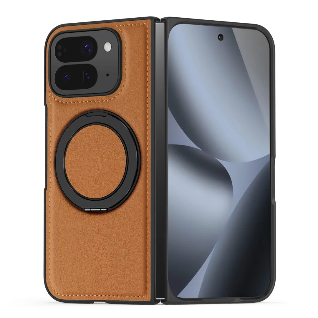 Embossed PU Leather Case For Google Pixel 10 Pro Fold Magsafe 360° Rotation Metal Stand Comfort Grip Case Cover