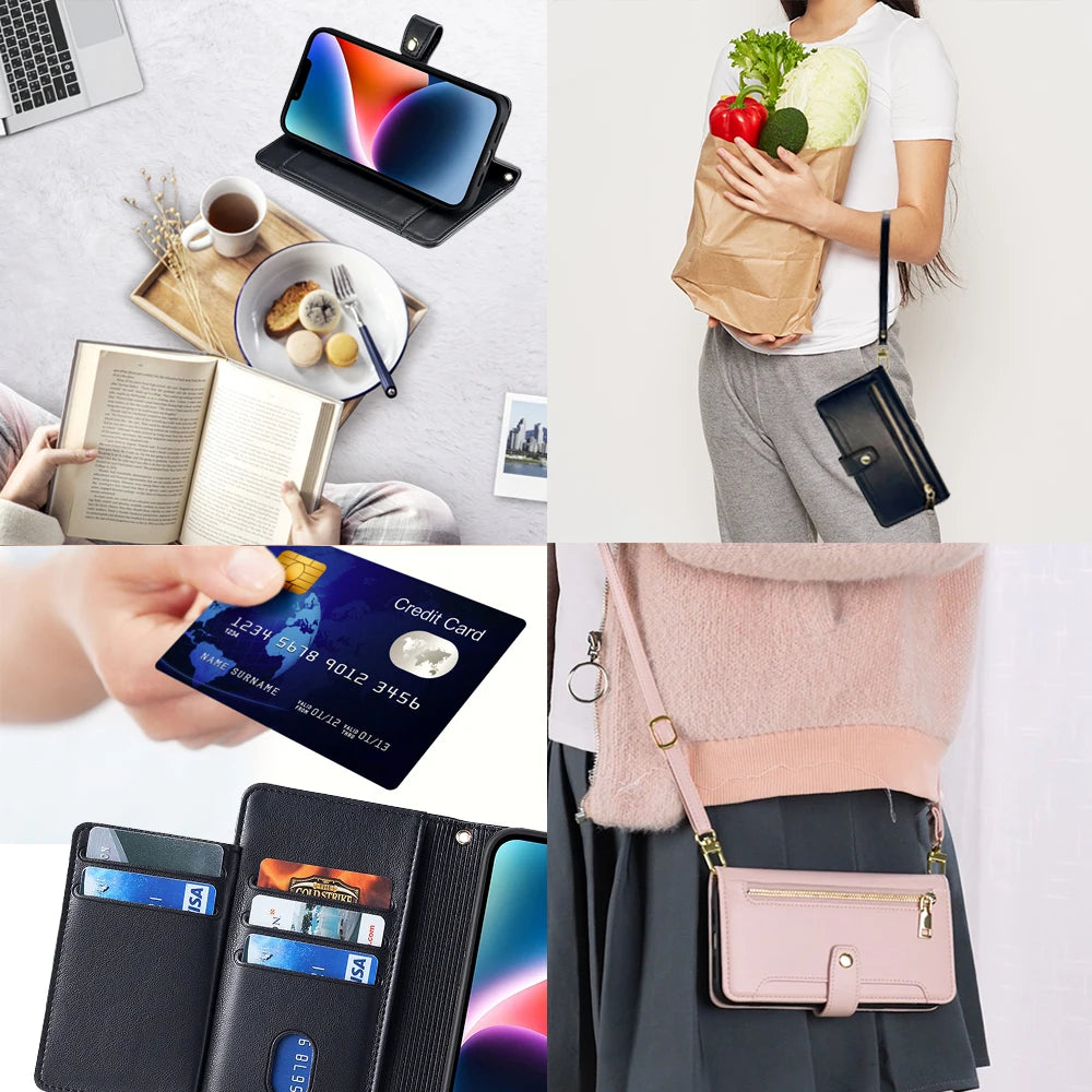 Ladies Card Slots Wallet Crossbody Phone Case for iphone 15 14 13 12 11 Pro Max XS XR 7 6 6 6s Plus SE SE3 Flip Cover with strap