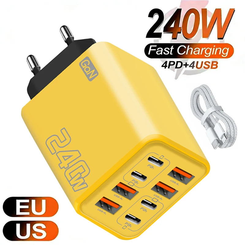 240W GaN USB C Charger 8 in 1 Fast Charging Phone Charger Power Adapter For iPhone Samsung Xiaomi Type C EU/US Plug Wall Charger