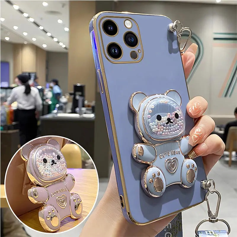 Quicksand Bear Holder Lanyard Phone Case For iPhone 14 11 12 13 Pro Max Mini 8 7 6 6S Plus 10 X Xr Xs Max SE Strap Stand Cover
