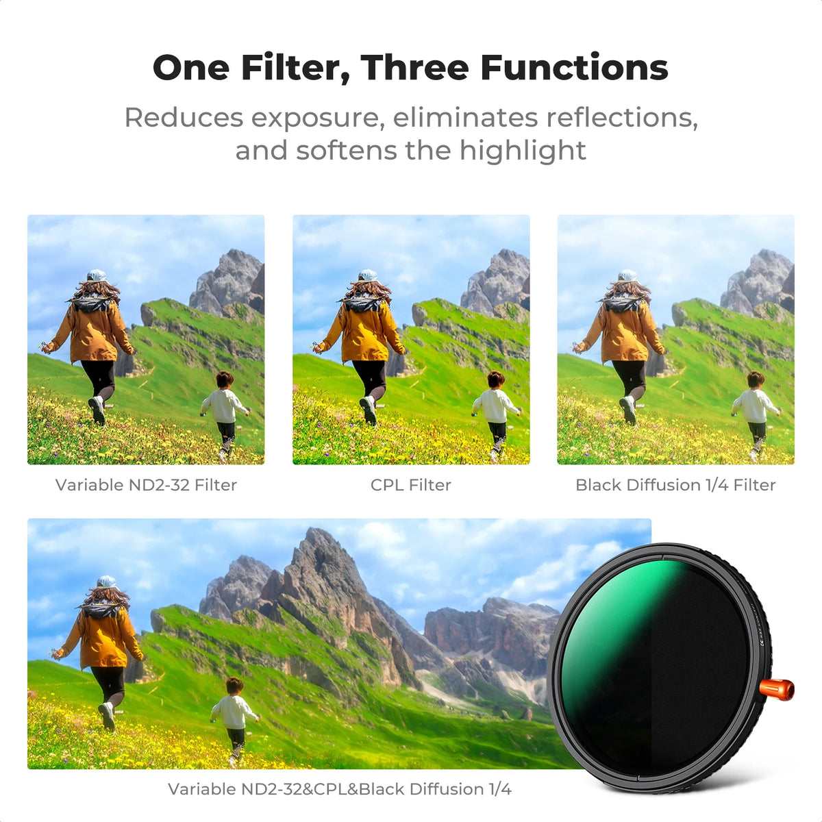 K&F Concept 3in1 ND2-32+CPL+Black Diffusion 1/4 Multi-Function Polarized Variable ND Black Mist Filter 37/49/52/58/67/72/77/82mm