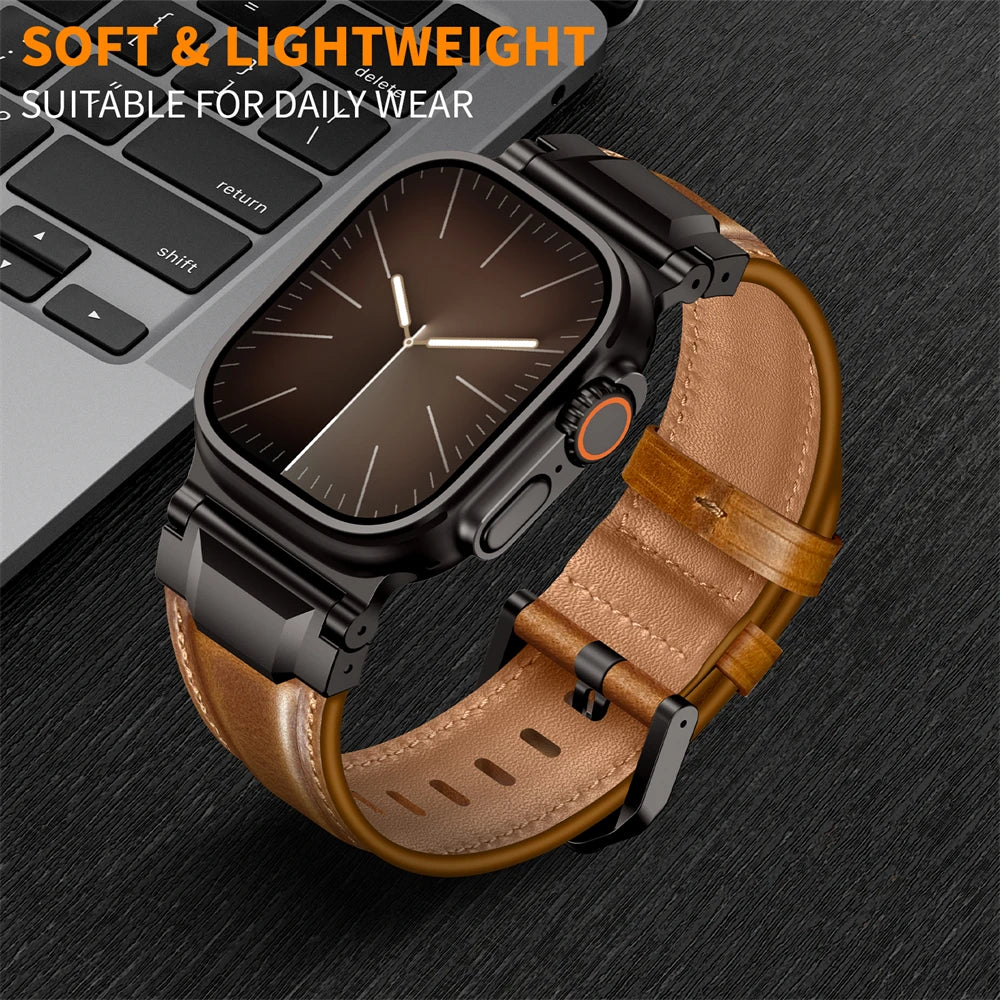 Genuine Leather bands For Apple watch ultra 3 2 49mm 44mm 45mm 46mm NEW Mecha Design bracelet iWatch series 11 10 9 8 7 6 5 SE