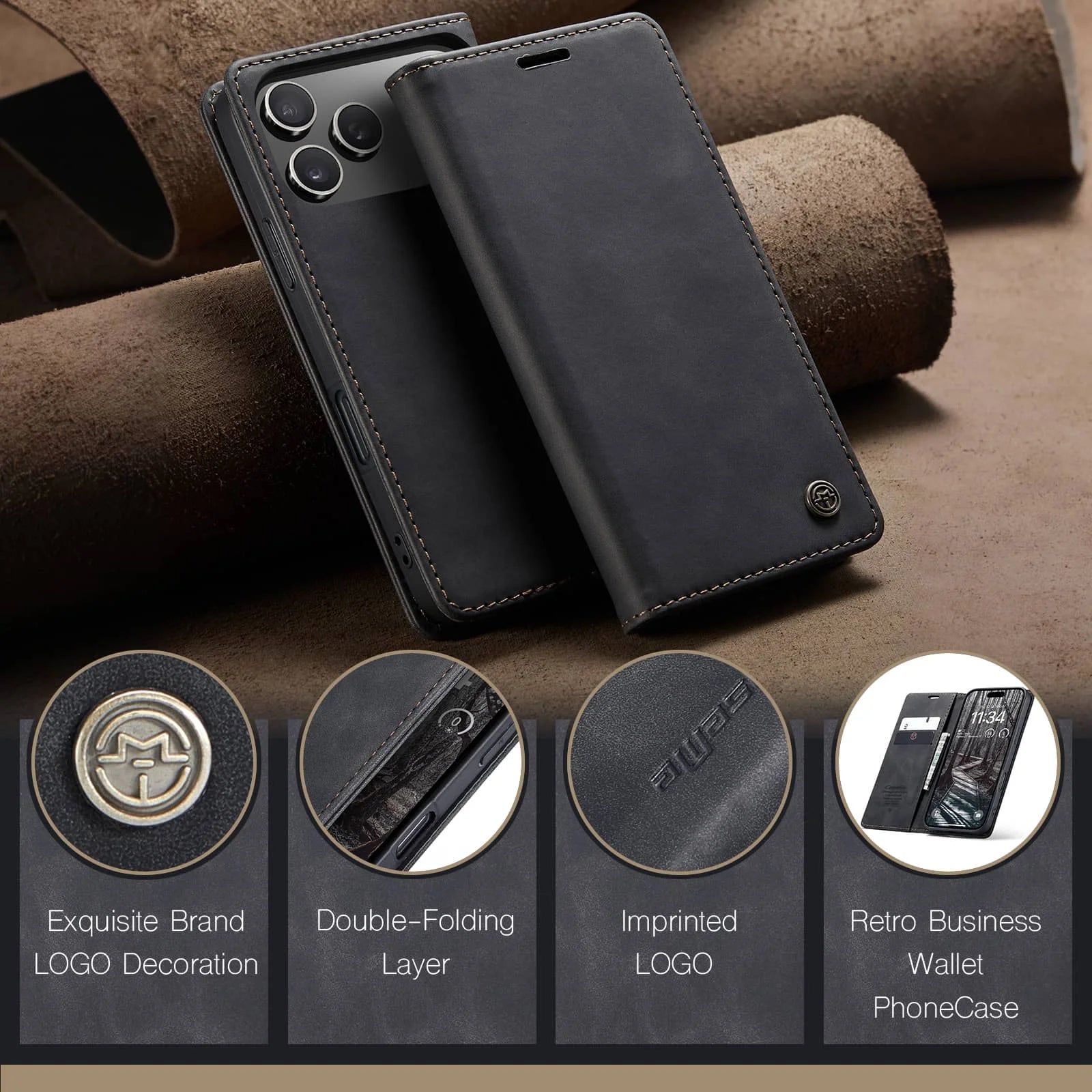 Flip Wallet Case for iPhone 17 Pro Max 17 iPhone Air 17 Pro, Leather Magnetic Folio Cover with Card Holder, Kickstand - TPU Case