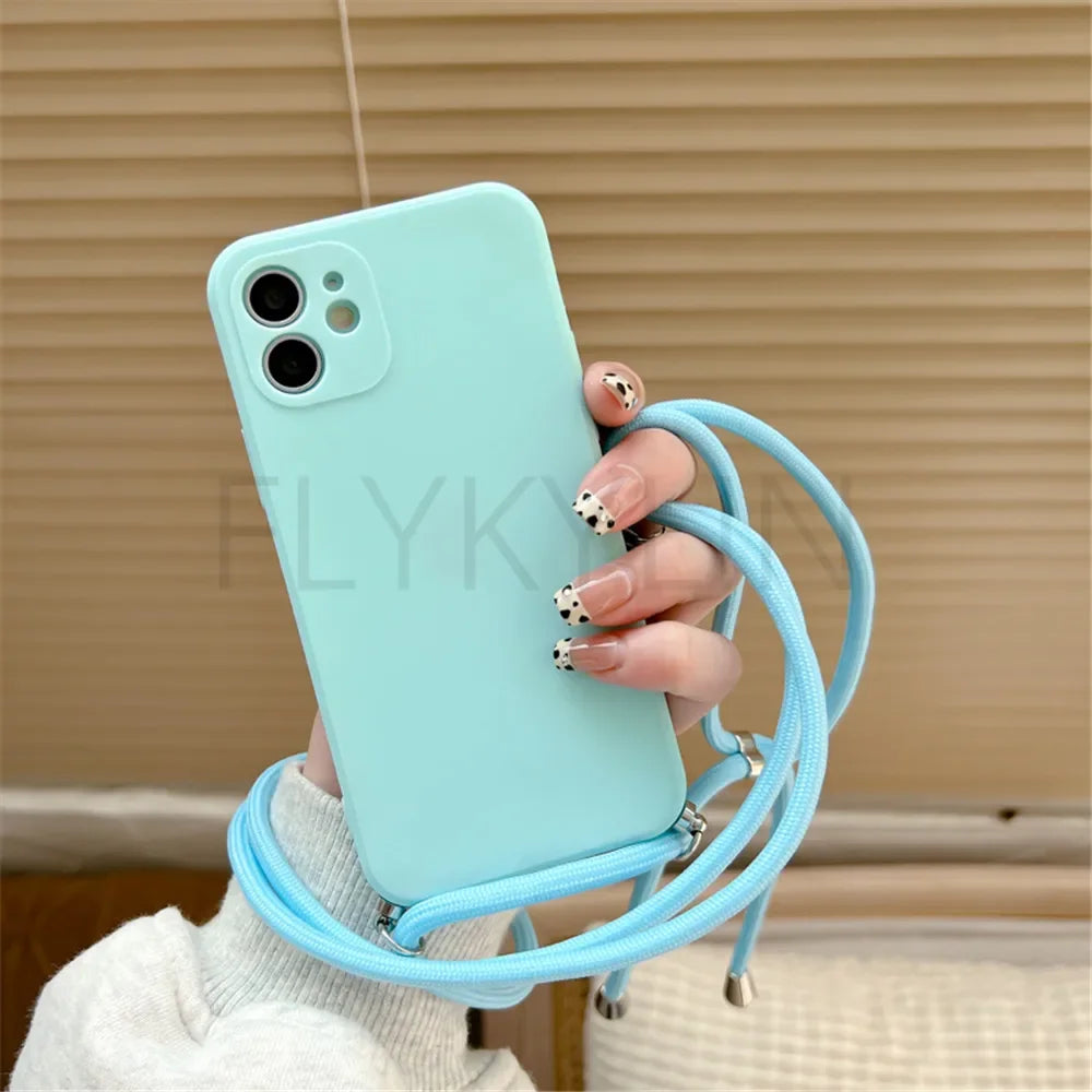 Crossbody Necklace Strap Lanyard Cord Phone Case For iPhone 13 12 MiNi 11 14 15 Pro X XR XS Max 6S 7 8 Plus Soft Silicone Cover