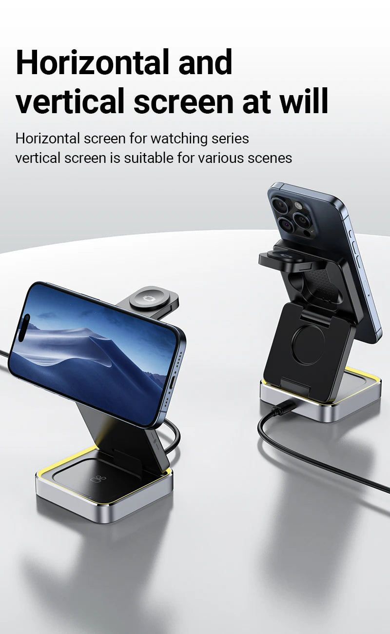 ACEFAST Aluminum Alloy 15W Wireless Magnetic Wireless Charging Holder For iPhone 16/15/14 Foldable 3 in 1 Charging Dock Station