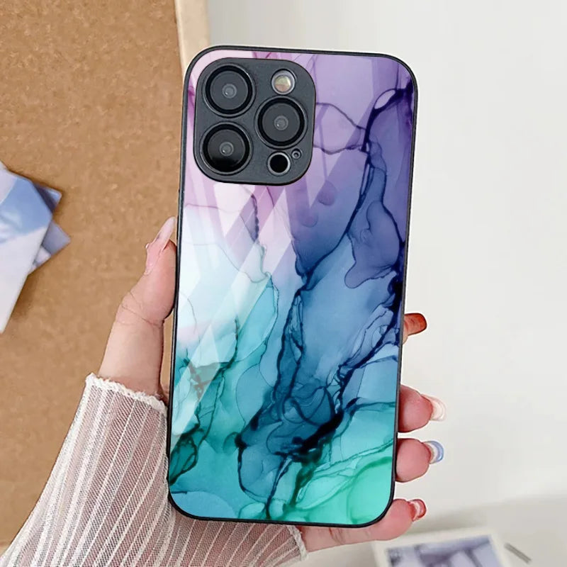 Tempered Glass Marble Stone Case For iPhone 11 Funda iPhone 16 17 16E 13 14 15 Pro Max 12 7 8 Plus SE 16promax 13promax Cover