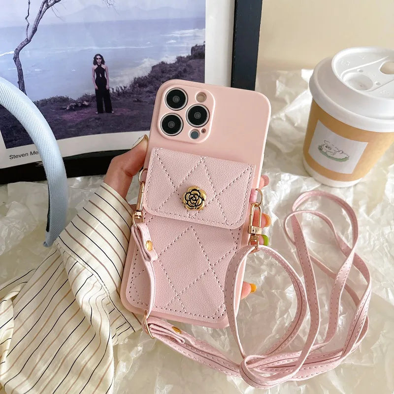 Crossbody Neckband Lanyard Phone Case for iPhone 15 14 11 12 13 Pro Max X XS XR 7 8 Plus Flower Leather Wallet Card Holder Cover