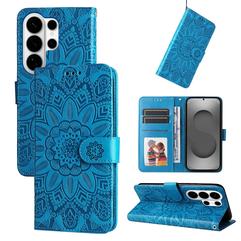 Magnetic Leather Wallet Flip Case for Samsung Galaxy S26 S25 Edge S24 S23 S22 S21 S20 S10 S10e S9 S8 Plus FE A07 Cover Sunflower
