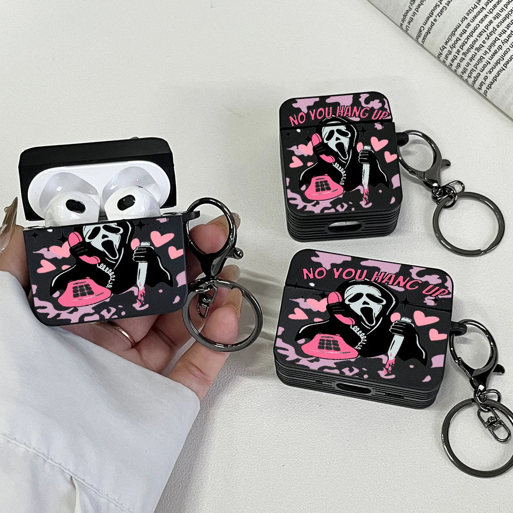 Pink Ghostface Hard Earphone Case for AirPods 1or2, 3, 4, Pro2/Pro Case Stylish Bluetooth Headset Protective Cover with Keychain