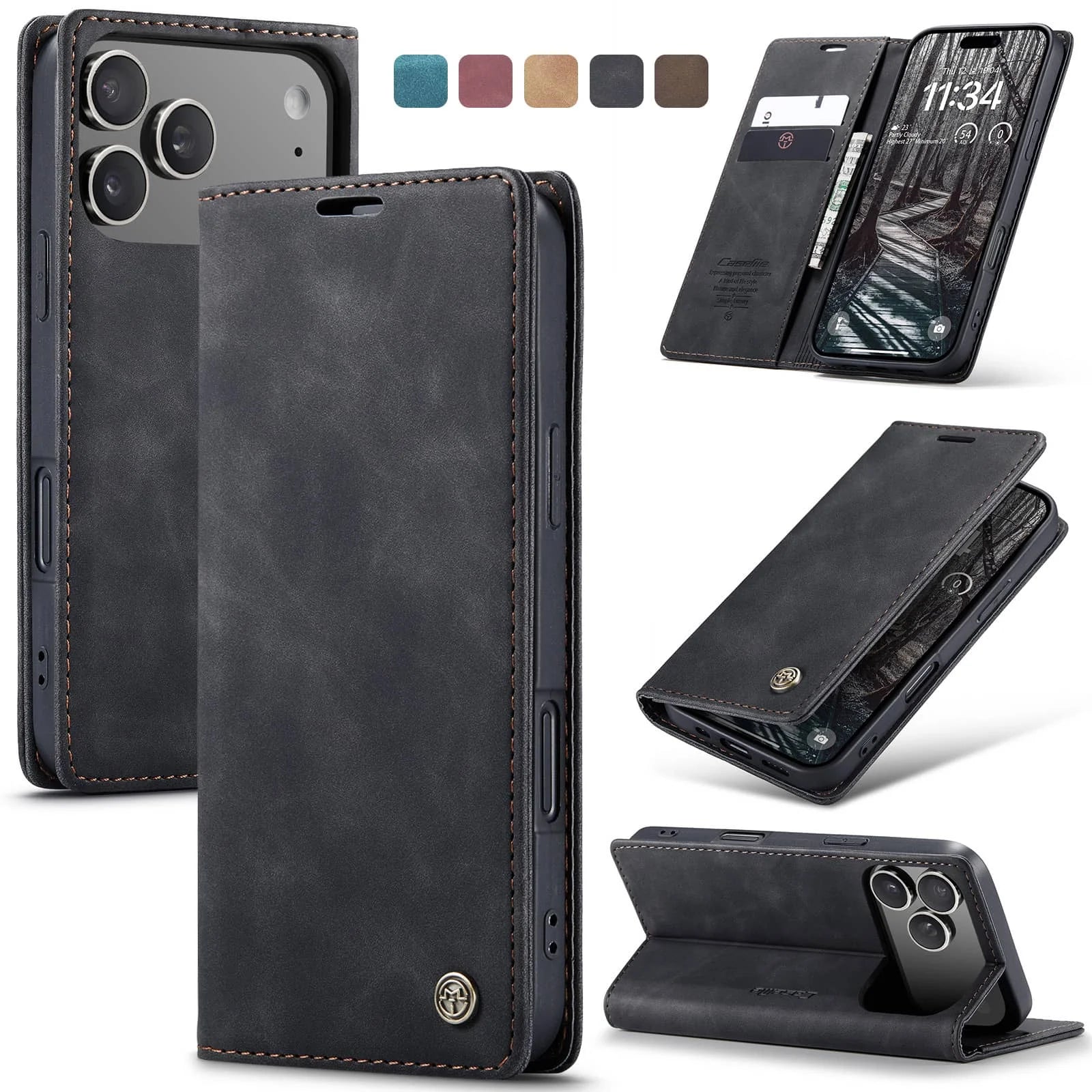 Flip Wallet Case for iPhone 17 Pro Max 17 iPhone Air 17 Pro, Leather Magnetic Folio Cover with Card Holder, Kickstand - TPU Case