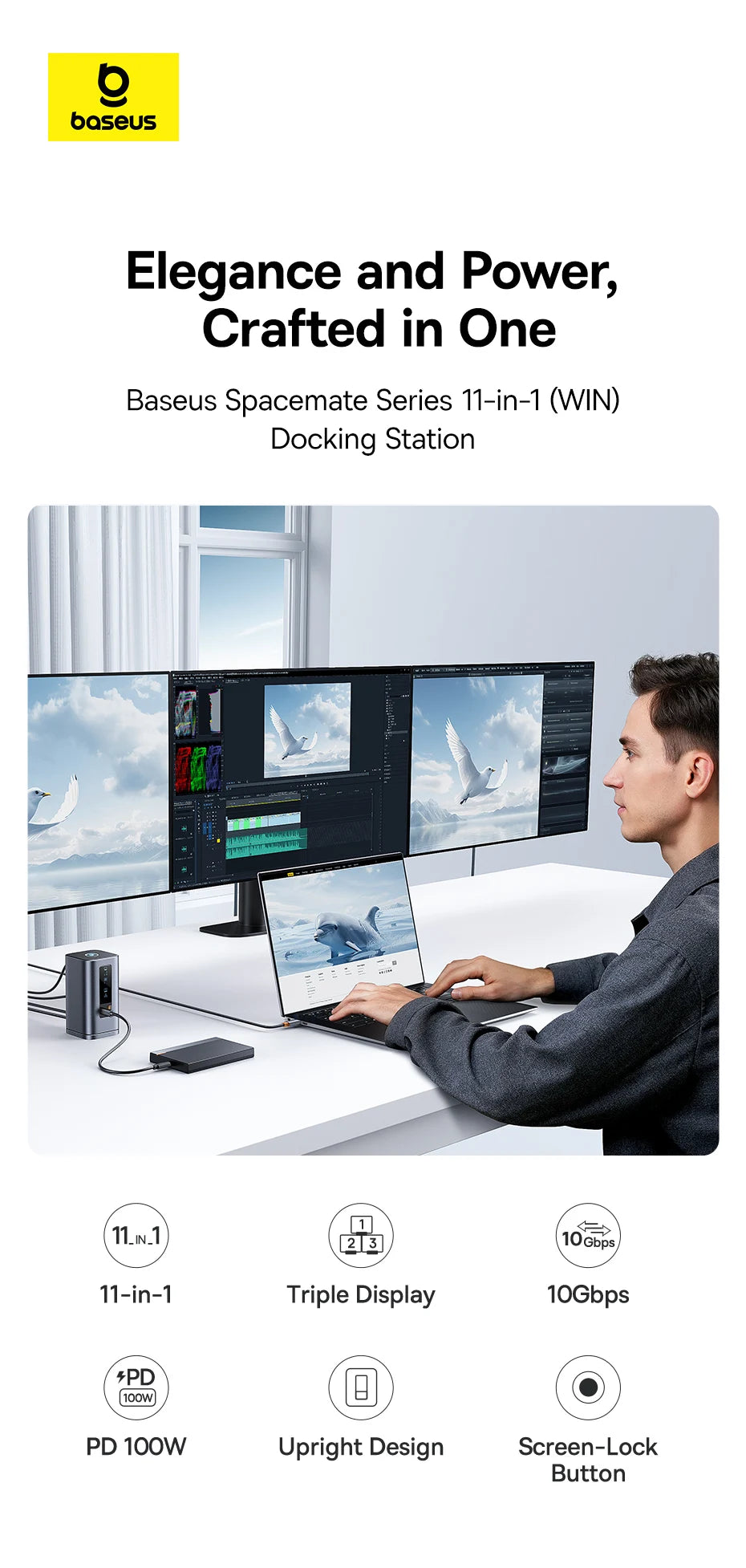 Baseus USB C Hub to DP 4K@60Hz HDMI DisplayPort 11-IN-1 Docking Station Triple Display RJ45 PD 100W For Window Mac USB 3.1 HUB