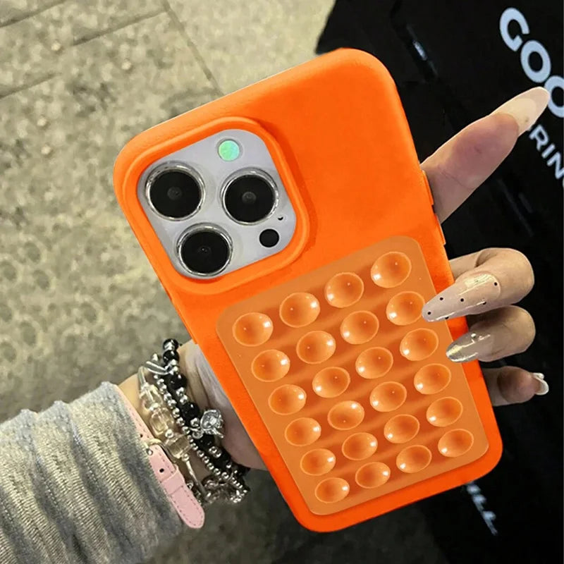 Luxury 3D Suction Cup Stand Litchi Pattern Phone Case For iPhone 17 16 15 14 Pro Max Plus 11 12 13 Pro Max X XR XS 16E Cover