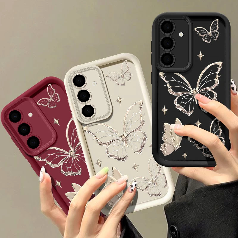 Gold Butterfly Print Case For Samsung Galaxy S26 S25 S23 Ultra S24 FE A57 A56 A17 A36 A26 A55 A16 A15 A35 A25 5G Soft TPU Cover