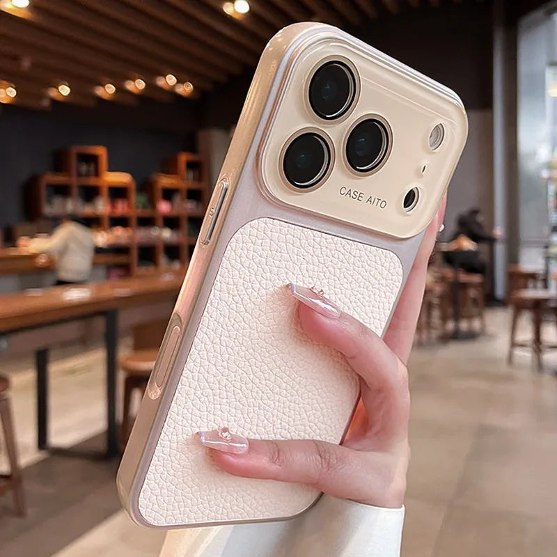Luxury Litchi Leather Case for iPhone 17 16 15 14 Pro Max iPhone 13 Glass Large Window Shockproof Armor Bumper Plating Cover