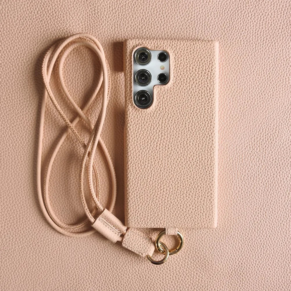Luxury Cowhide Genuine Leather Case For Samsung Galaxy S26 Ultra S23 S22 S21 S26FE  Strap Crossbody Lanyard Phone Cover Coque