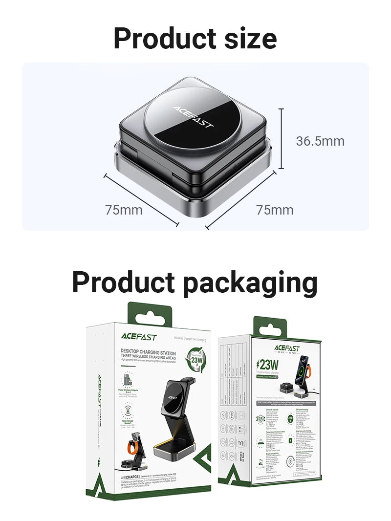 ACEFAST Aluminum Alloy 15W Wireless Magnetic Wireless Charging Holder For iPhone 16/15/14 Foldable 3 in 1 Charging Dock Station
