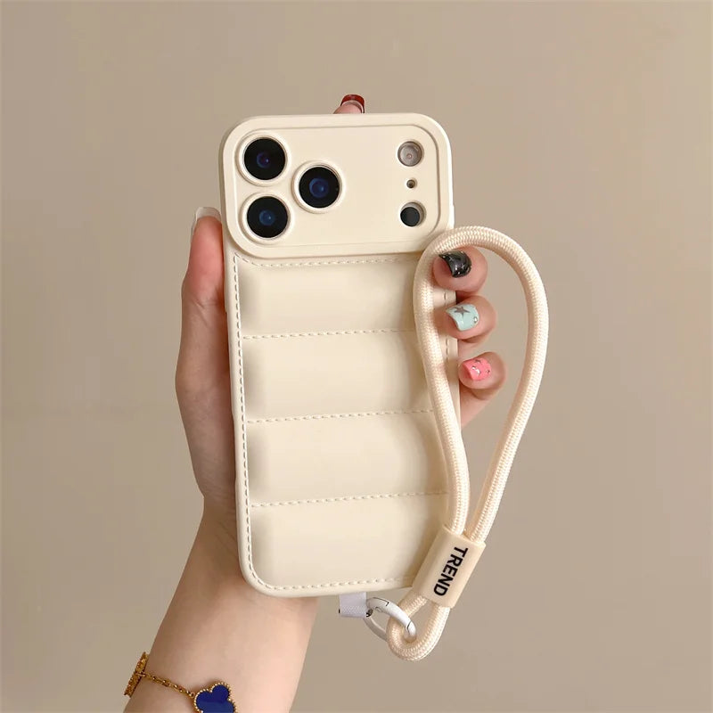 Luxury Down Jacket Puffer Wrist Strap Phone Case for Samsung Galaxy S25 Edge S24 S23 S22 S21 S20 FE Plus Ultra Soft Cover