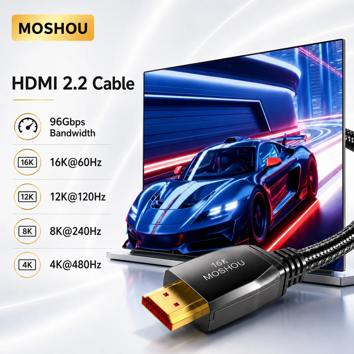 16K HDMI Cable 2.2 4K@480Hz 12K@120Hz 96Gbps High Speed Cord for PS5 TV Gaming Console Monitor  Support HDR eARC DTS:X HDCP 2.3