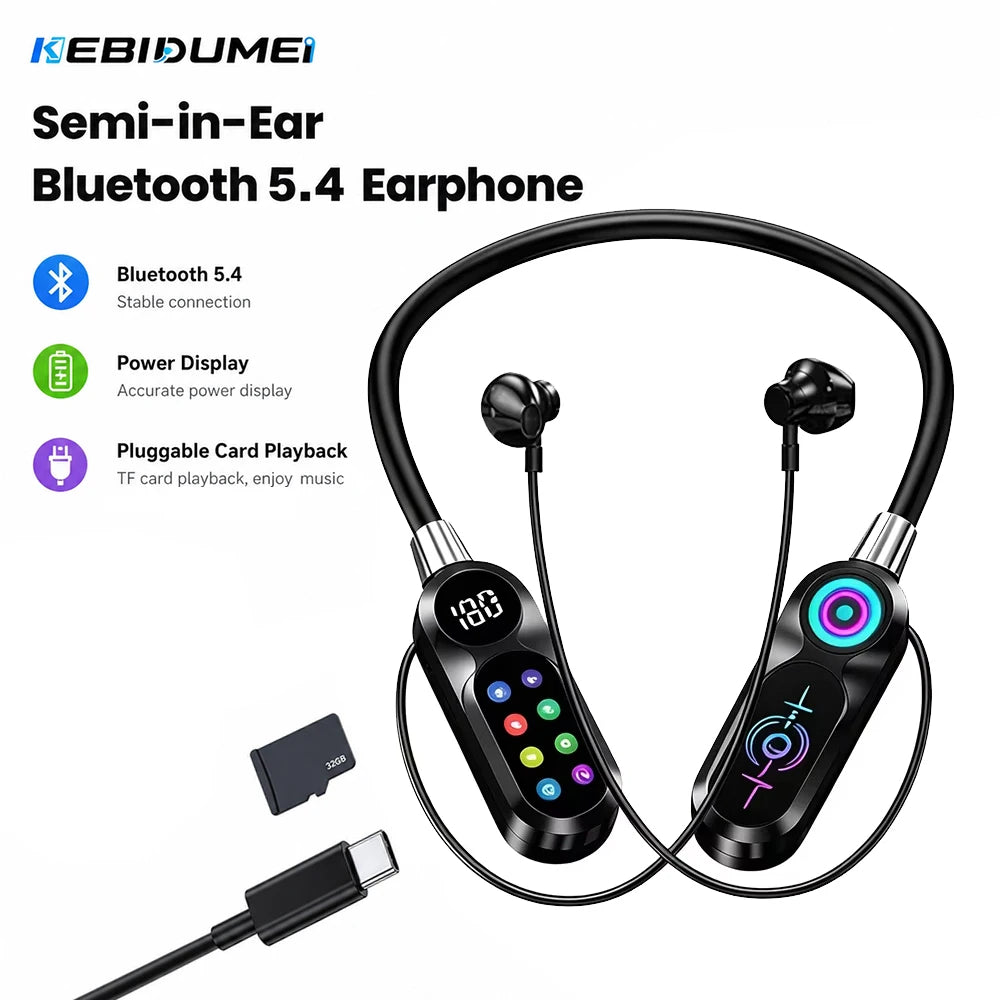 KEBIDUMEI Neckband Headsets with HD Screen Bluetooth 5.4 Earphones Wireless In Ear Earbuds HiFi Stereo Voice Assistant TF Play