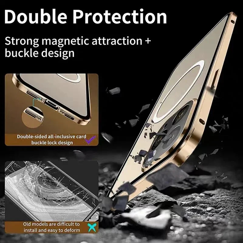 Metal Magnetic Case For Magsafe iPhone 17 Pro Max 16 15 14 13 12 Pro Max Plus Lens Protection Double Sided Glass Snap Lock Cover
