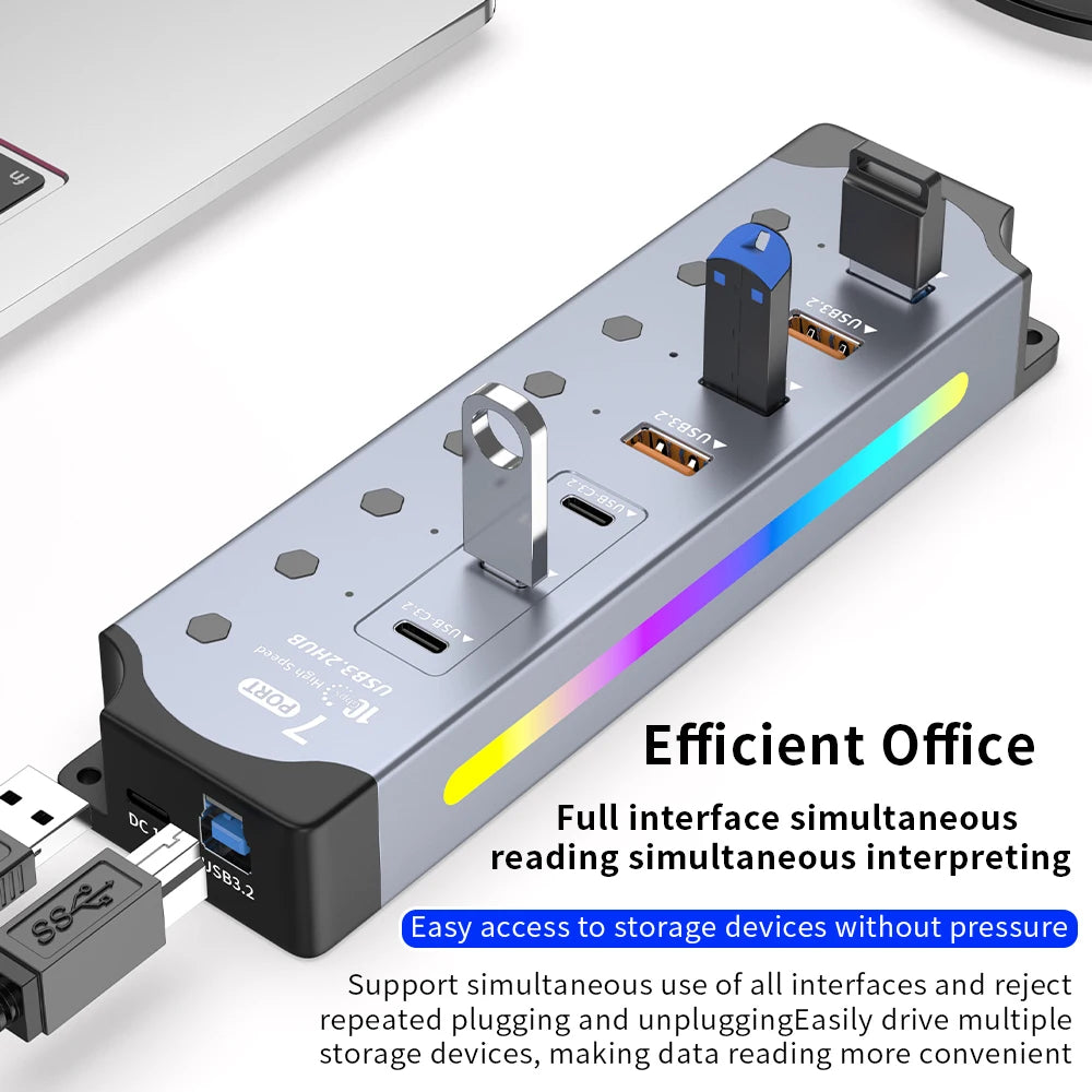 7Port USB 3.2 USB-C Hub 10Gbps USB-A USB-C Ports Splitter Individual Switches 12V US/EU Power Adapter Expander for Laptop PC