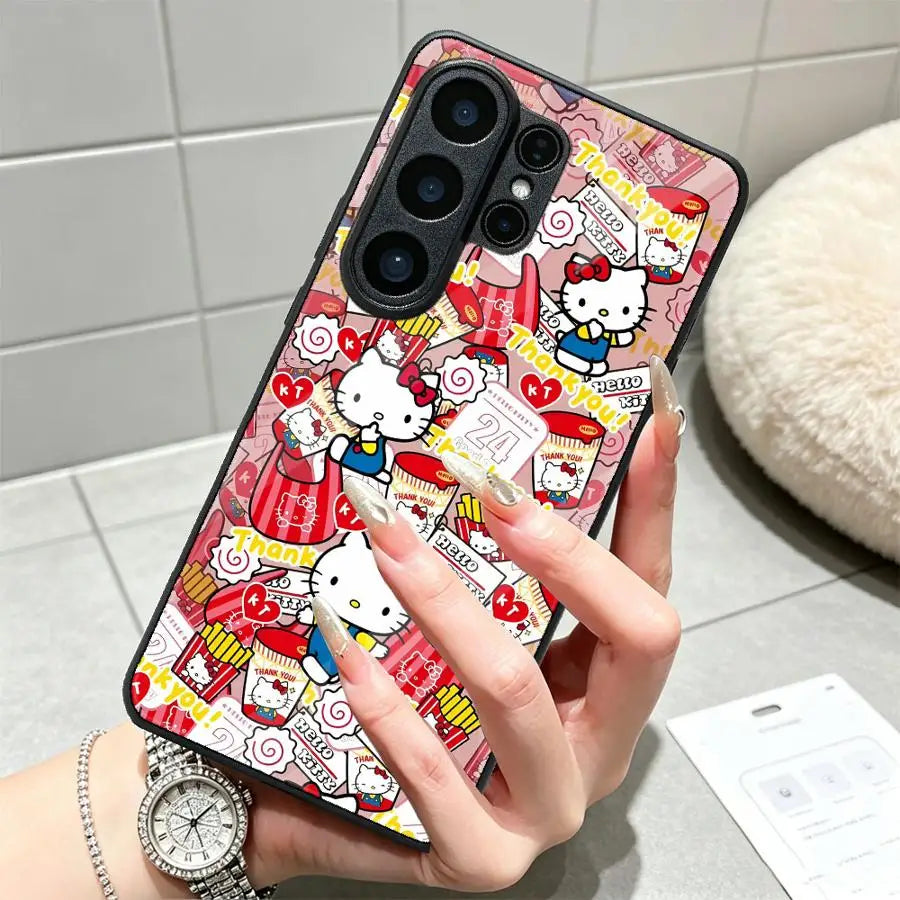 Phone Cover Glass Case for Samsung Galaxy S26 Ultra S25+ S23+ S23 FE S20 S21 S22 25 Edge 24 Plus S26+ S24+ Cute Sanrio Hello