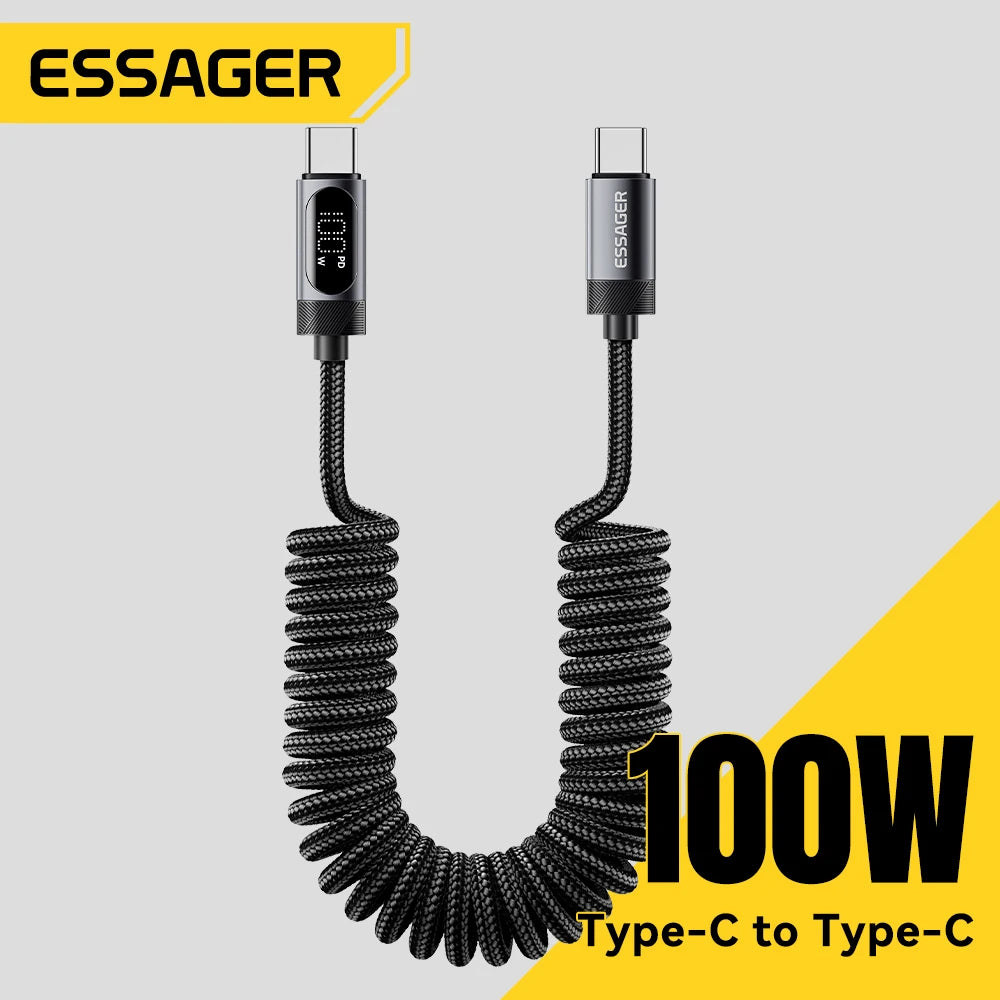 Essager 100W Car Spring Type C Cable For iPhone 17 16 15 Pro Xiaomi Samsung PD Fast Charging For Macbook iPad Type C to C Cable