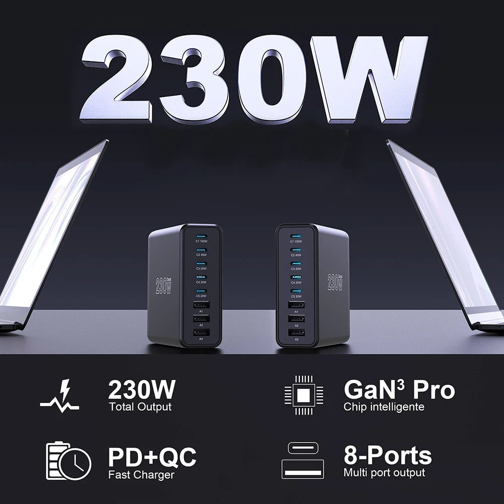 Ueetop 230W GaN USB C Charger Desktop Charging Station Multiple Port PPS PD 100W 65W 45W Fast Charge For Macbook iPhone Samsung