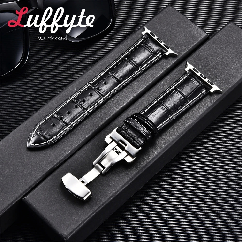 Bamboo Patterned Genuine Leather Strap for Apple Watch Ultra 8 7 SE 6 5 4 3 2 1 Business Watchband 38 40 41mm 42 44 45 49mm