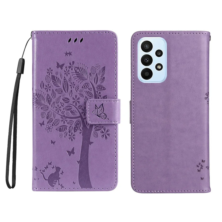 Wallet Tree Embossing Flip Leather Case For Samsung Galaxy A07 A15 A16 A17 A35 A36 A55 A56 S25 Edge S24 S23 S22 S21 Ultra S20 FE