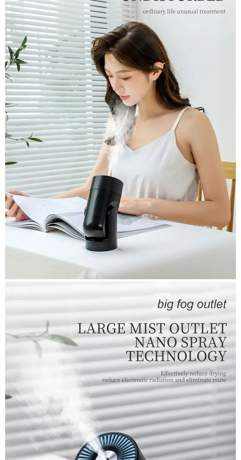 "360° Oscillating Humidifier & Air Purifier: Smart Desktop Mist Control with Ultra-Quiet USB Operation"