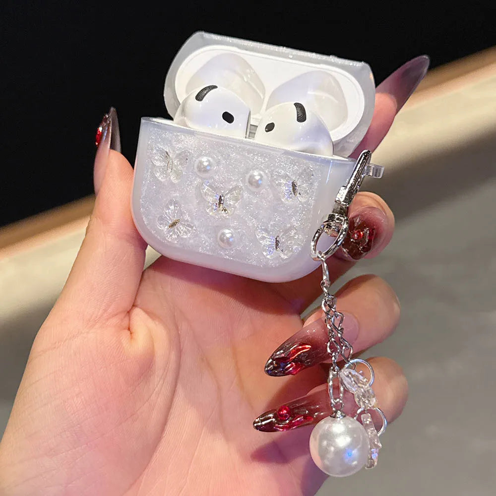 Bling Glitter Soft TPU Earphone Case with Keychain for Airpods Pro 2 Generation Air Pods 4 2024 3 2 1 3rd Gen 3D Butterfly Cover