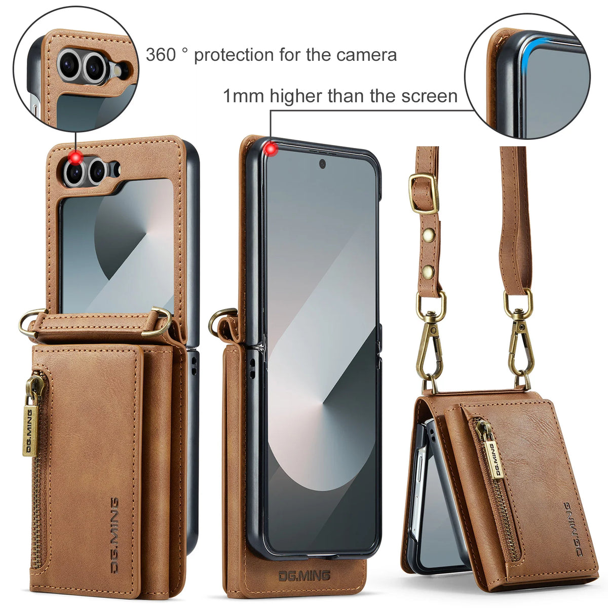 2 in 1 Luxury Leather Flip Phone Case For Samsung Galaxy Z Flip 8 7 6 5 4 3  Magnetic Wallet Card Solt Zipper Lanyard Cover ﻿
