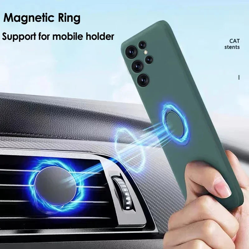 Liquid Silicone Ring Phone Holder Case For Samsung Galaxy S24 S23 Ultra S22 S21 FE S20 Plus Note 20 S25 Cover With Wrist Strap