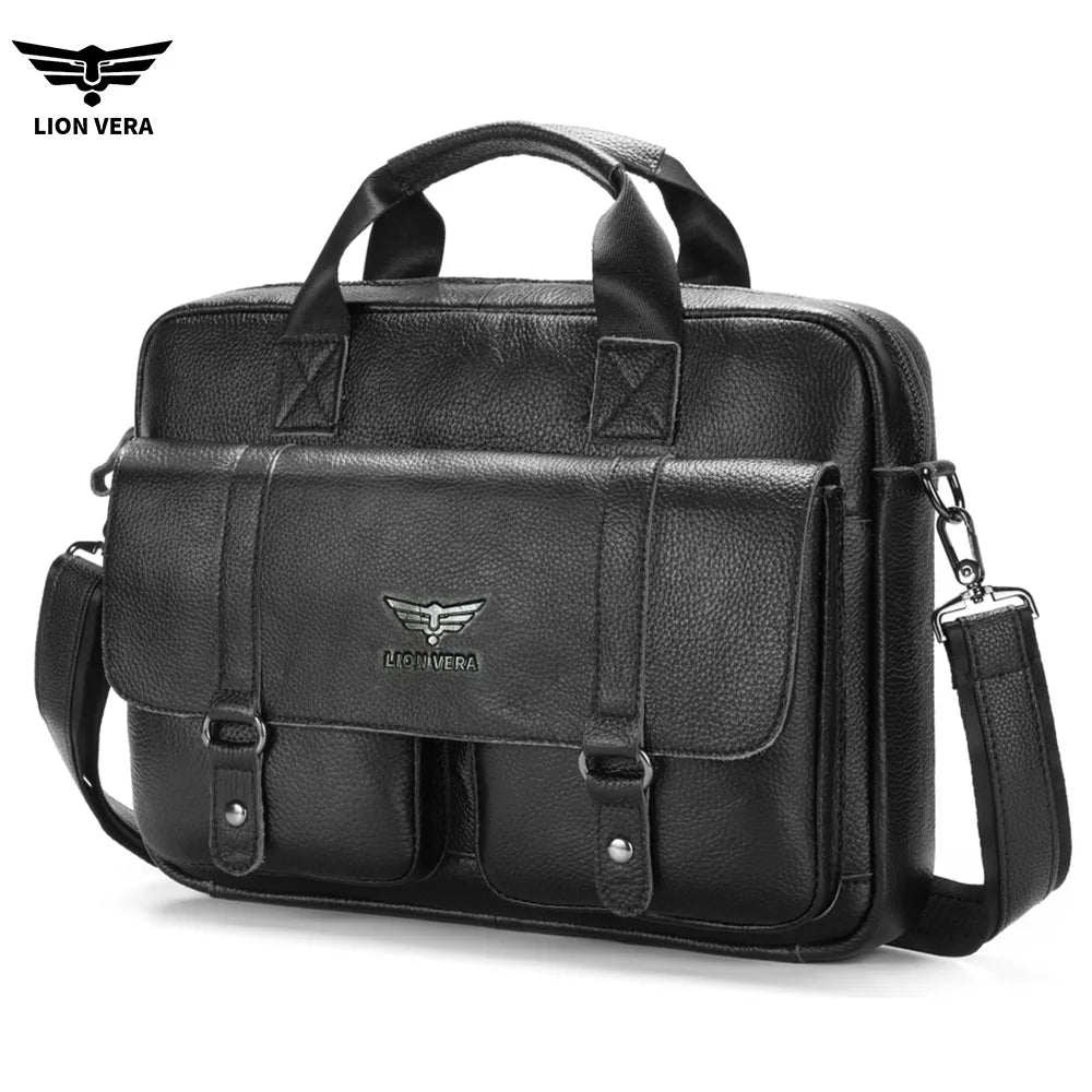 LION VERA Men's Genuine Leather Briefcase Business Casual Commuting Bag Portable Crossbody Shoulder Bag 15.7-inch Laptop Bag